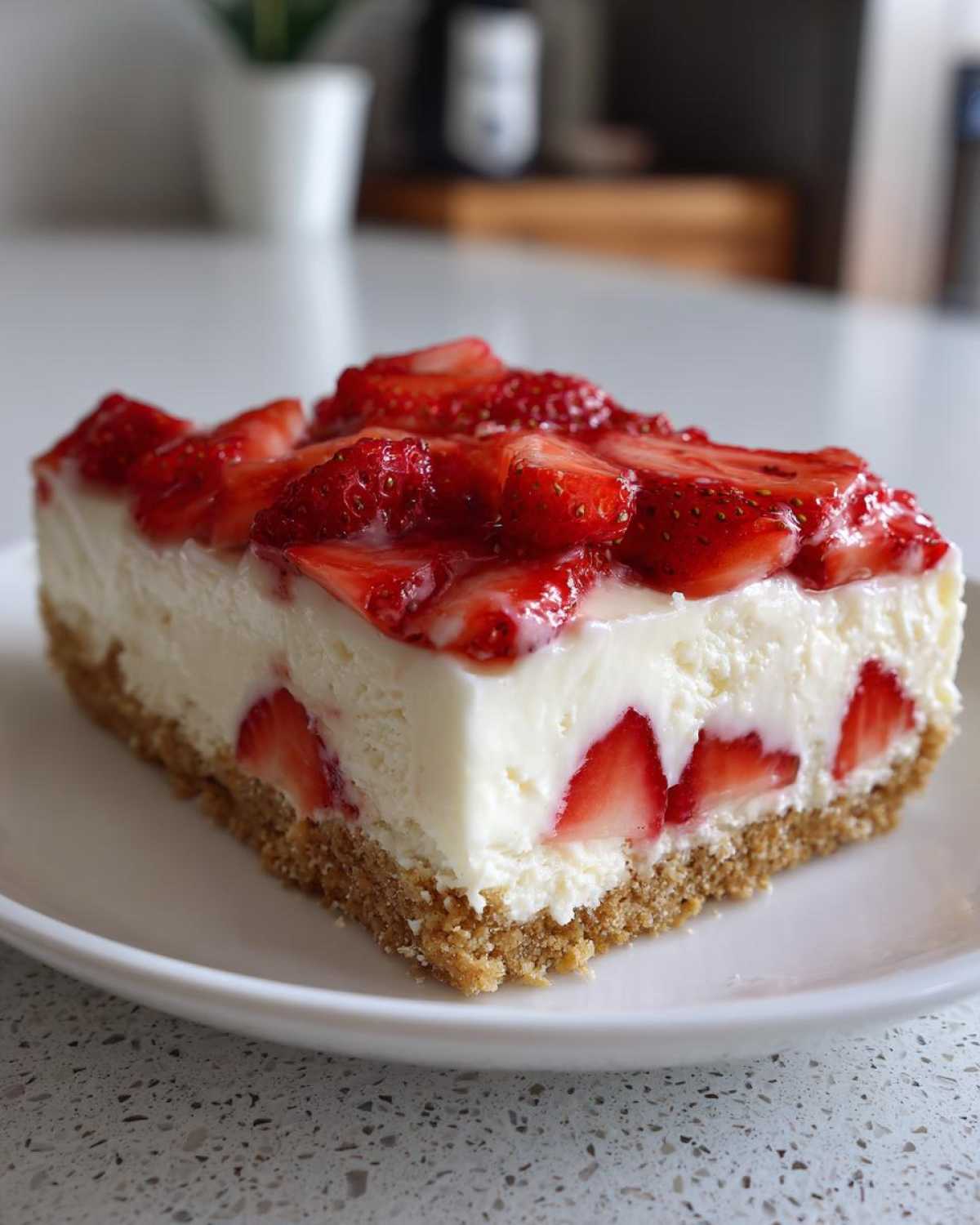 A perfect square slice of No-Bake Strawberry Heaven Dessert showing a graham cracker crust, creamy filling with embedded strawberries, and a glossy strawberry topping.