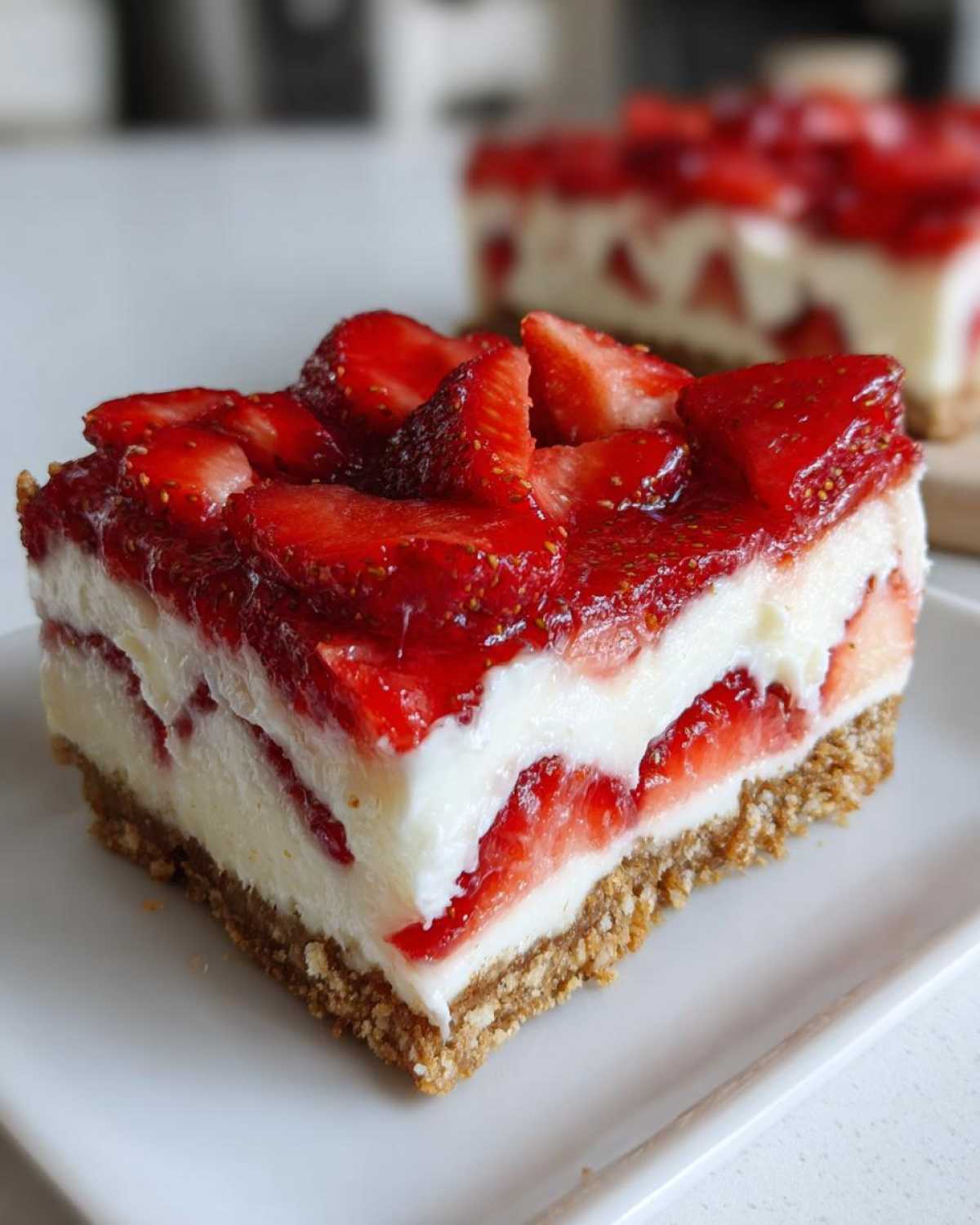 Close-up of a layered slice of No-Bake Strawberry Heaven Dessert with a graham cracker crust and fresh strawberries.