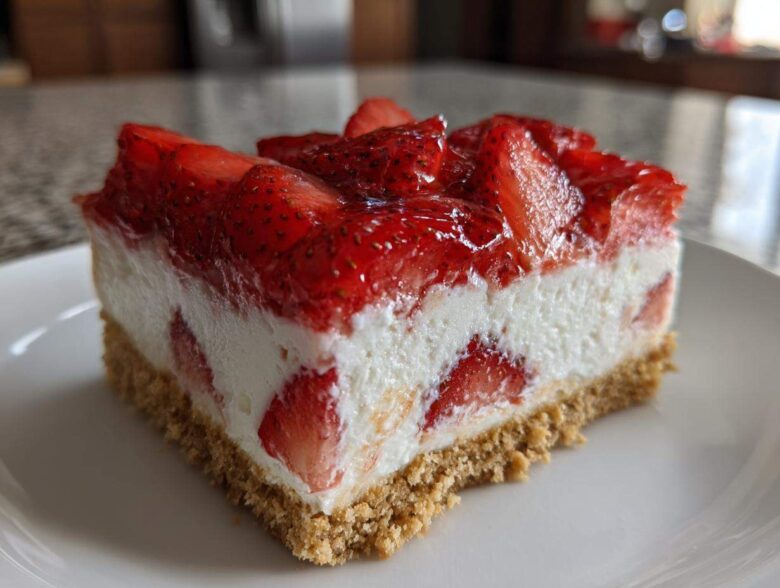 Close-up of a slice of No-Bake Strawberry Heaven Dessert featuring a graham cracker crust, creamy filling, and strawberry topping.