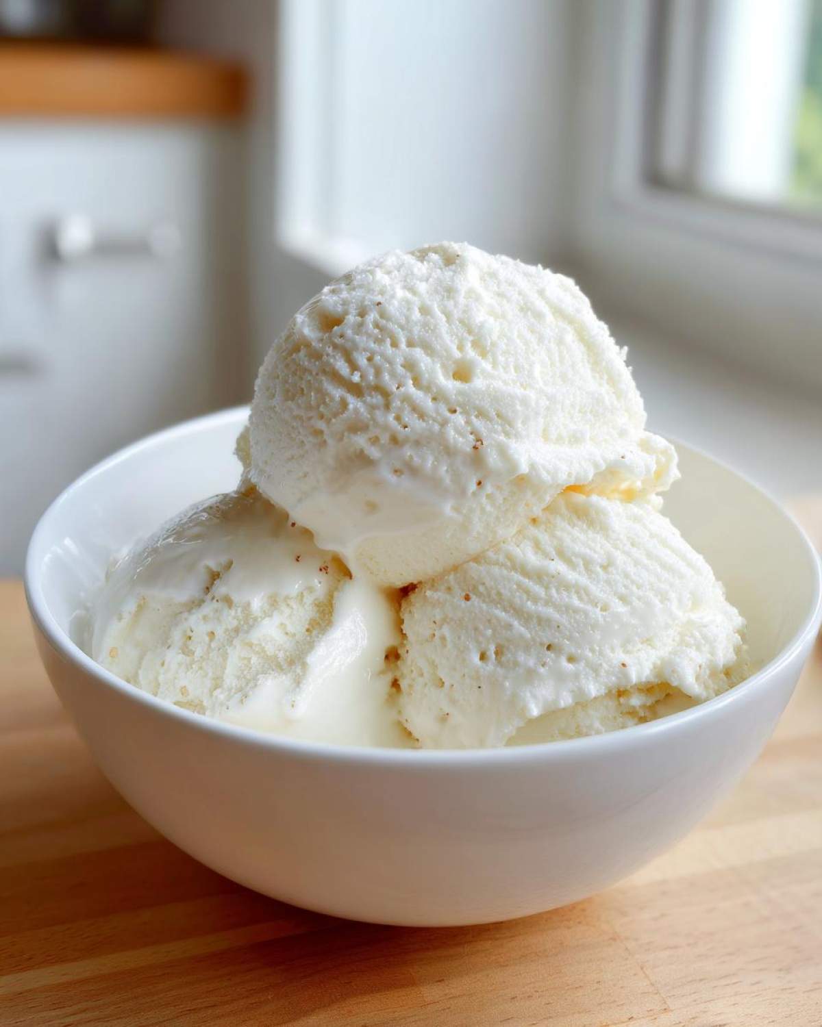Three scoops of creamy No-Churn Vanilla Bean Ice Cream melting slightly in a white bowl.