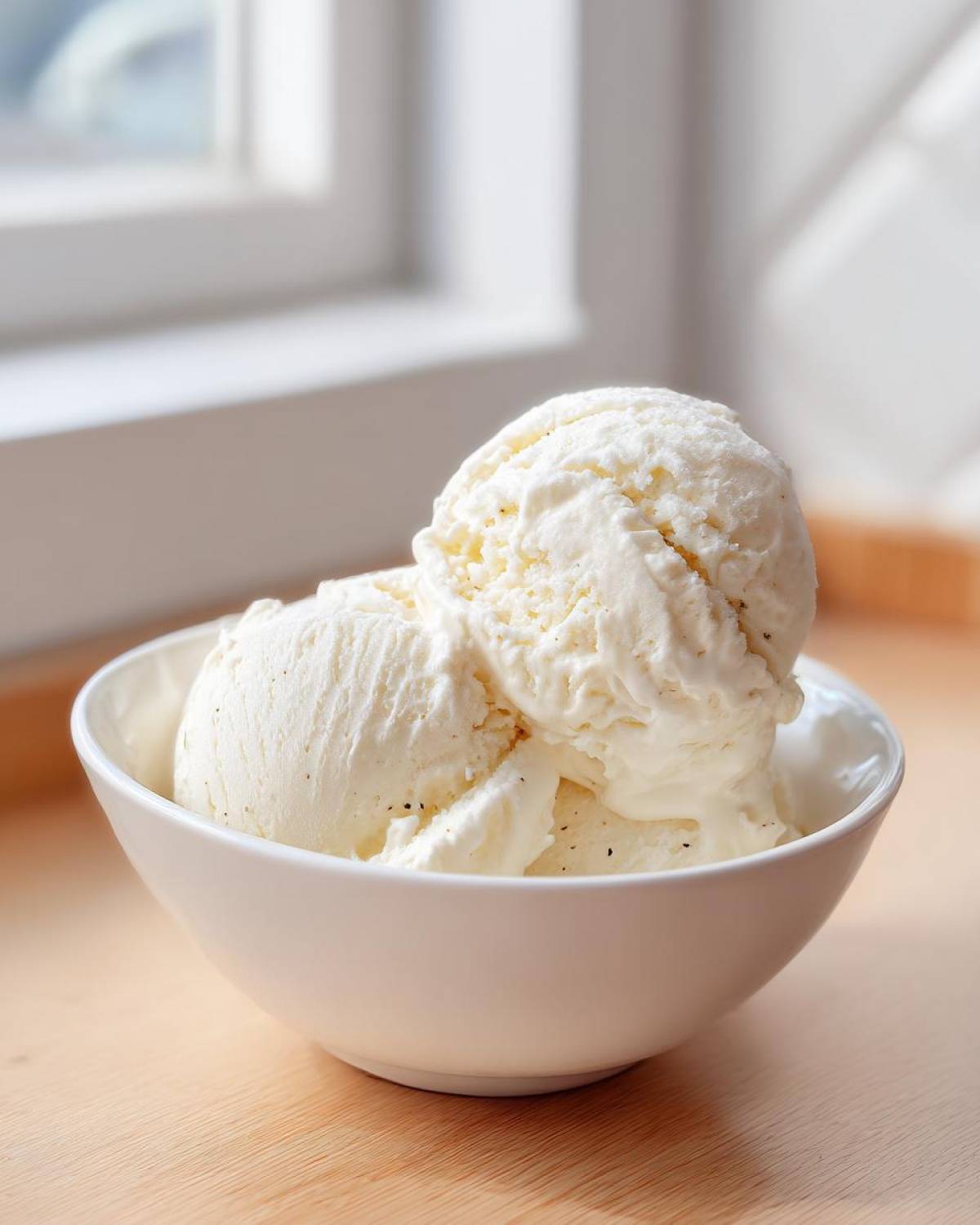 Three scoops of creamy No-Churn Vanilla Bean Ice Cream with visible vanilla specks in a white bowl.