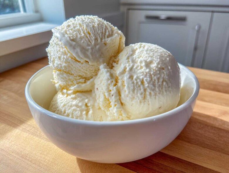Three generous scoops of creamy No-Churn Vanilla Bean Ice Cream served in a white bowl on a wooden surface.