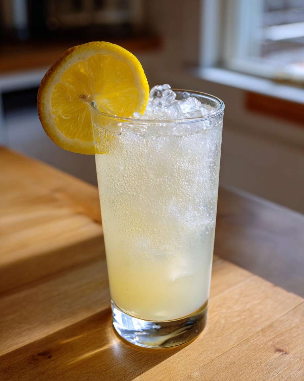 A tall glass filled with ice and Old-Fashioned Homemade Lemonade, garnished with a fresh lemon slice.
