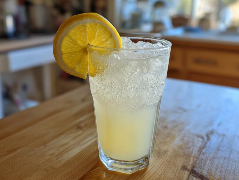 A tall glass filled with ice and sparkling Old-Fashioned Homemade Lemonade Recipe, garnished with a fresh lemon slice.