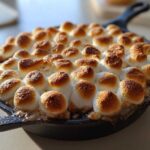 Close-up of Ooey-Gooey S'mores Dip topped with perfectly toasted marshmallows in a cast iron skillet.