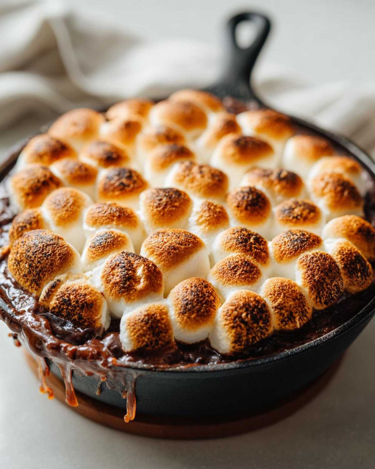 Close-up of a skillet filled with Ooey-Gooey S'mores Dip, topped with perfectly toasted marshmallows.