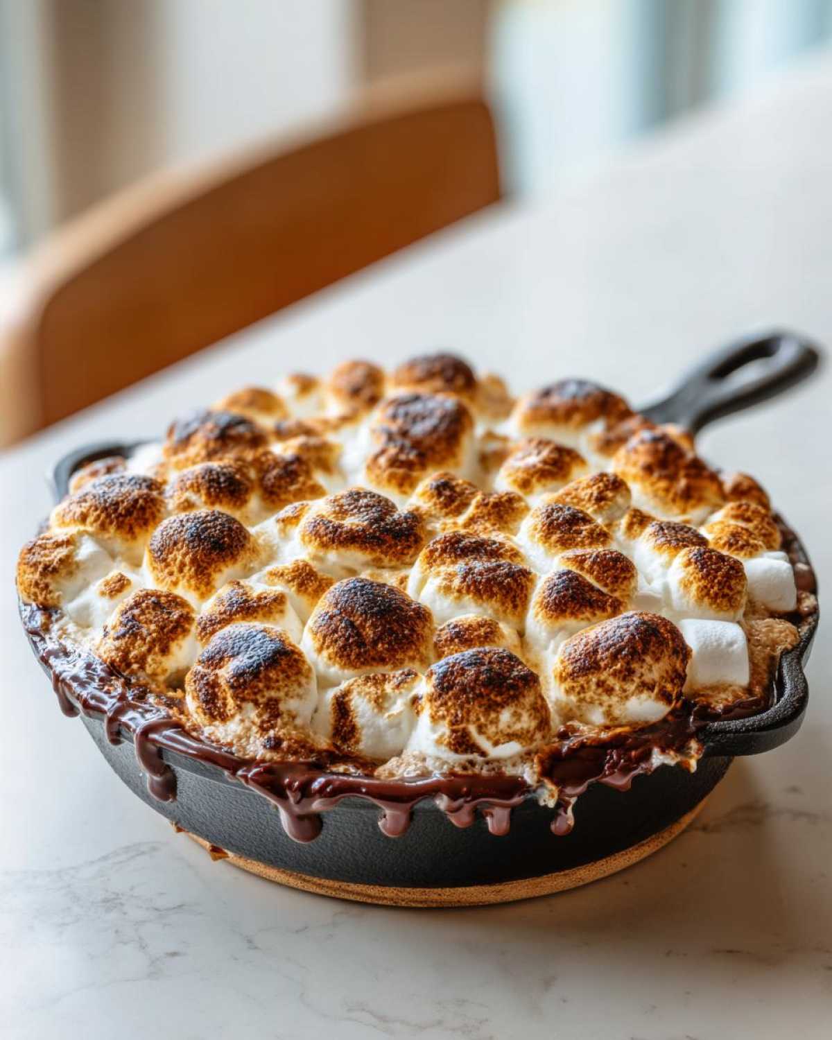 Close-up of a hot Ooey-Gooey S'mores Dip topped with perfectly toasted marshmallows in a cast iron skillet.