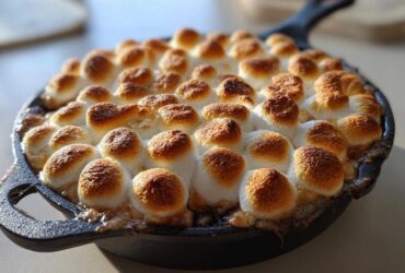 Close-up of Ooey-Gooey S'mores Dip topped with perfectly toasted marshmallows in a cast iron skillet.