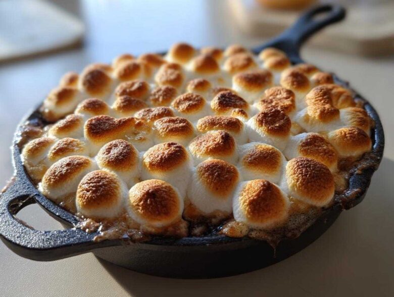 Close-up of Ooey-Gooey S'mores Dip topped with perfectly toasted marshmallows in a cast iron skillet.