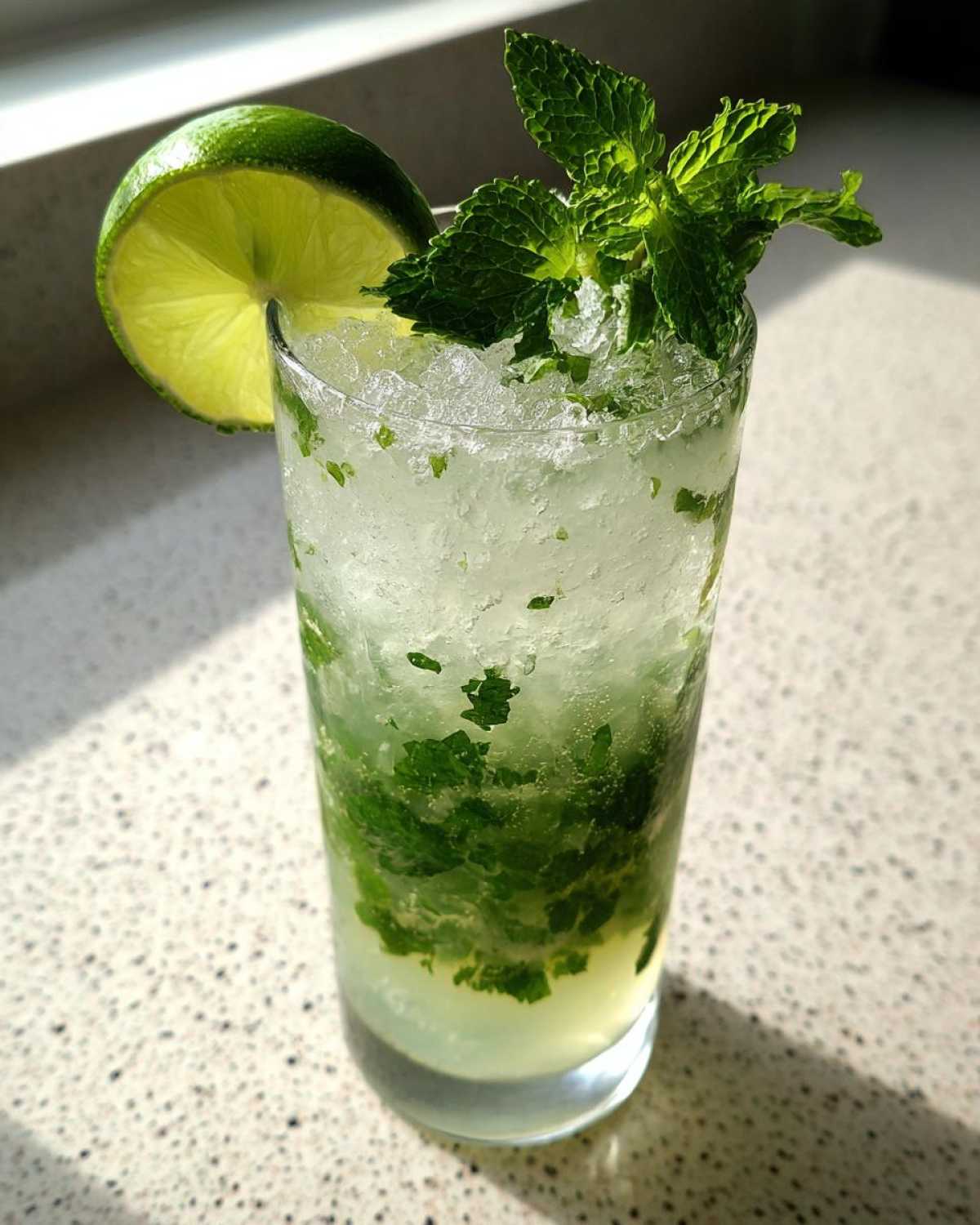 A tall glass filled with crushed ice, muddled mint, and lime juice, ready to be made into The Perfect Classic Mojito Cocktail.