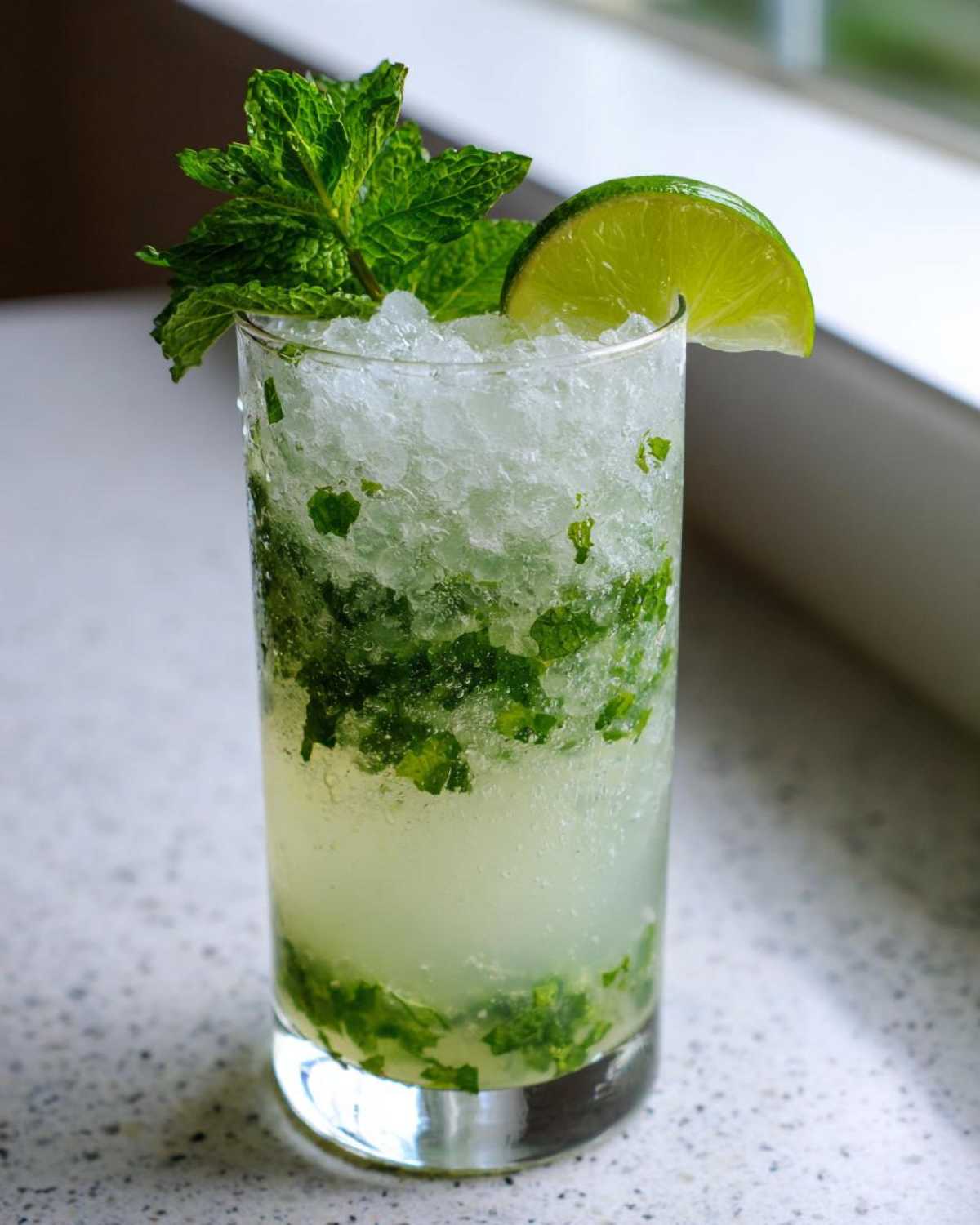 A tall glass filled with The Perfect Classic Mojito Cocktail, crushed ice, muddled mint, and garnished with a lime wedge.