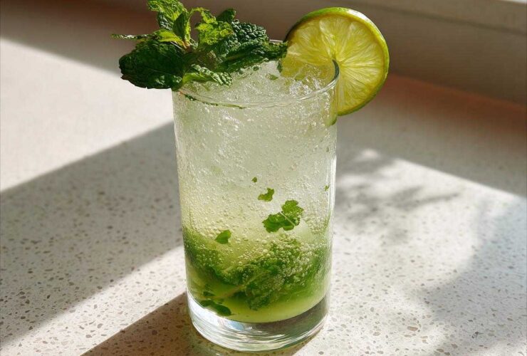 A tall glass holding The Perfect Classic Mojito Cocktail, garnished with fresh mint sprigs and a lime wheel.