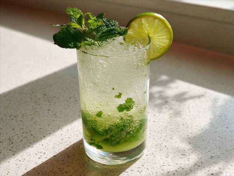 A tall glass holding The Perfect Classic Mojito Cocktail, garnished with fresh mint sprigs and a lime wheel.