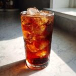 A tall glass filled with ice and rich, dark Perfect Southern Sweet Iced Tea, glistening in sunlight.