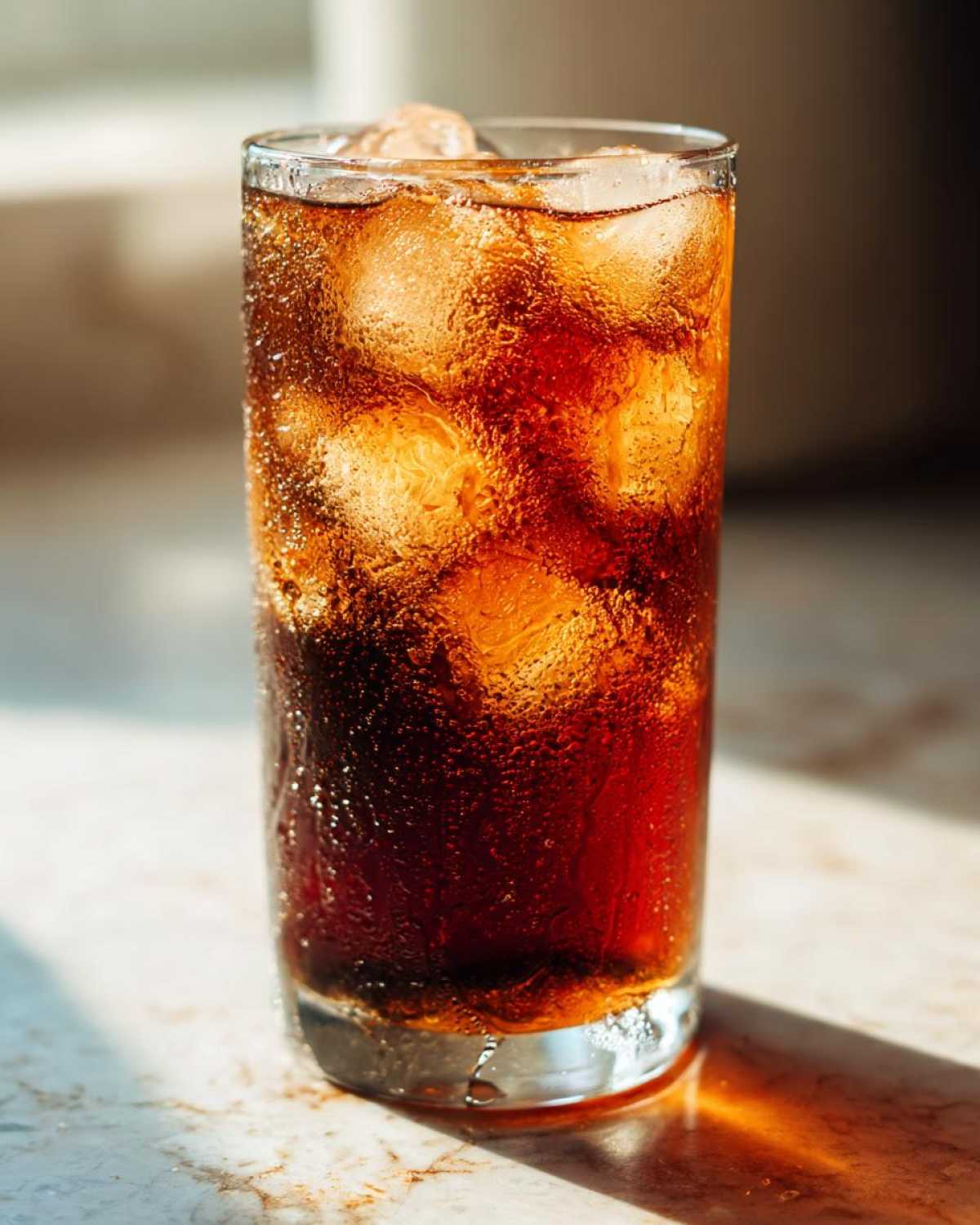 A tall, sweating glass filled with ice and dark amber Perfect Southern Sweet Iced Tea, catching sunlight.