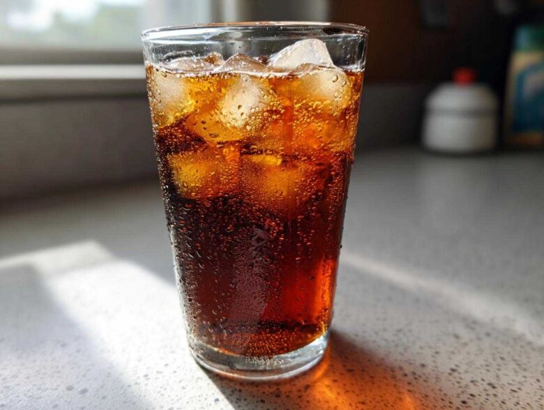 Tall glass filled with dark, cold Perfect Southern Sweet Iced Tea and ice cubes, showing condensation droplets.