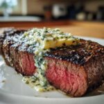 Close-up of a perfectly grilled ribeye steak, medium-rare, topped with melting garlic butter.