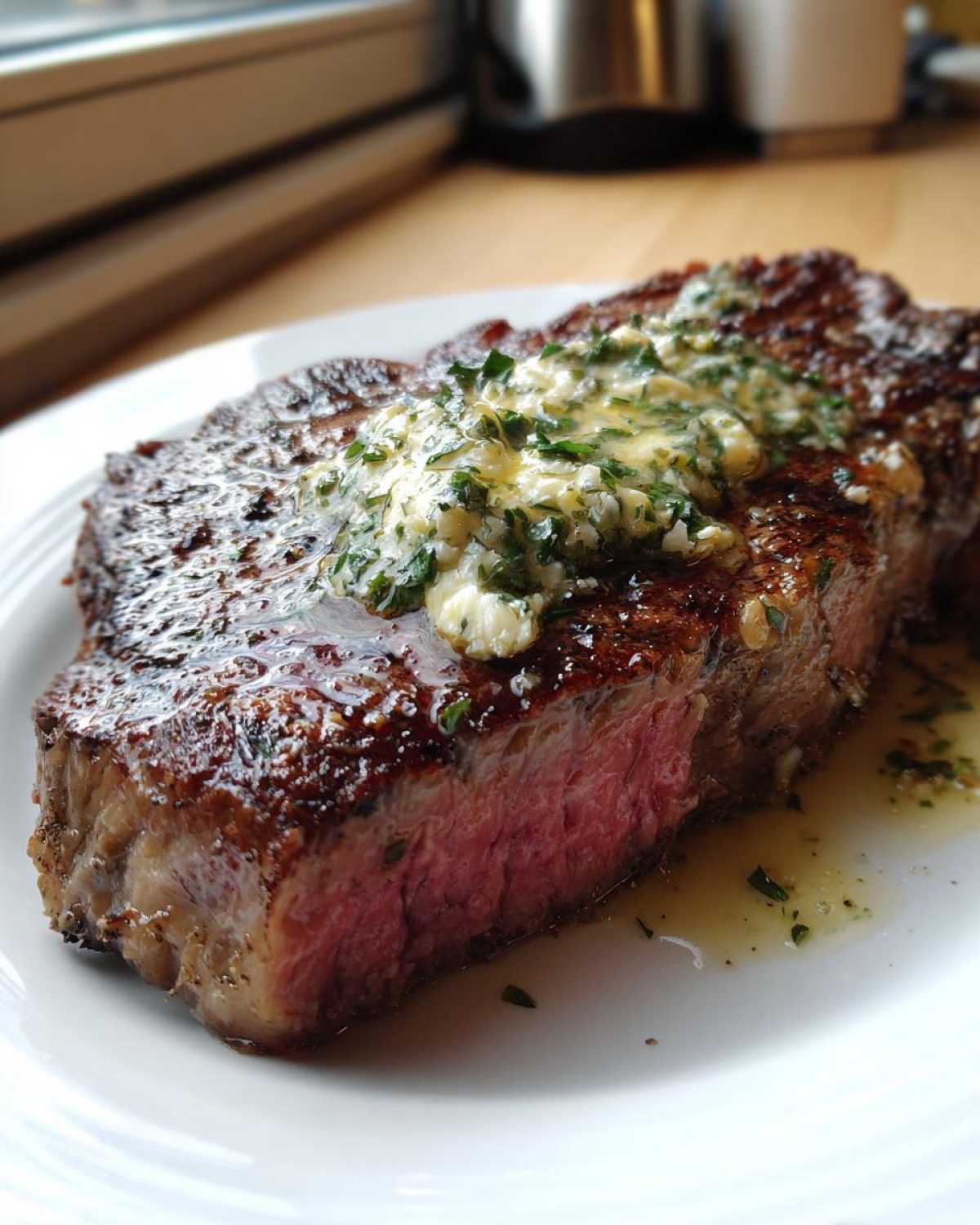 Close-up of a perfectly grilled ribeye steak, medium-rare, topped with melting garlic butter and herbs.