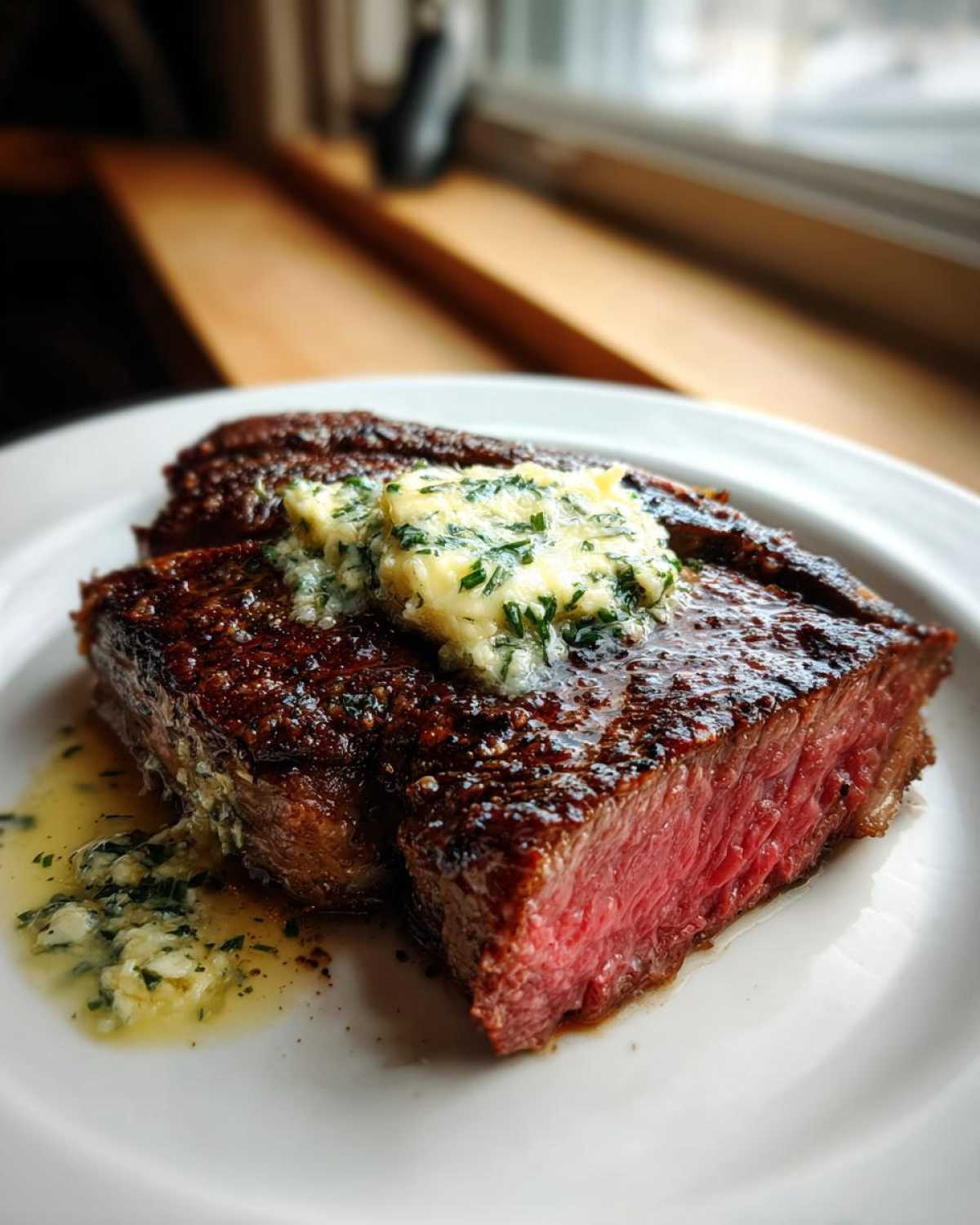 Close-up of a perfectly grilled ribeye steak, medium-rare, topped with melting garlic butter and herbs.