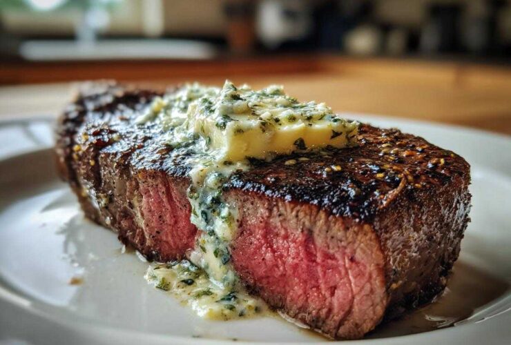 Close-up of a perfectly grilled ribeye steak, medium-rare, topped with melting garlic butter.