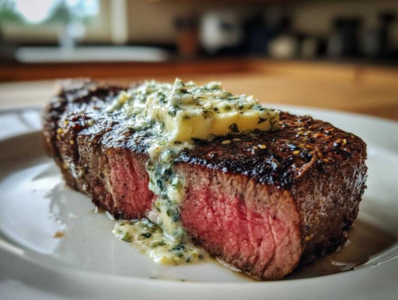 Close-up of a perfectly grilled ribeye steak, medium-rare, topped with melting garlic butter.