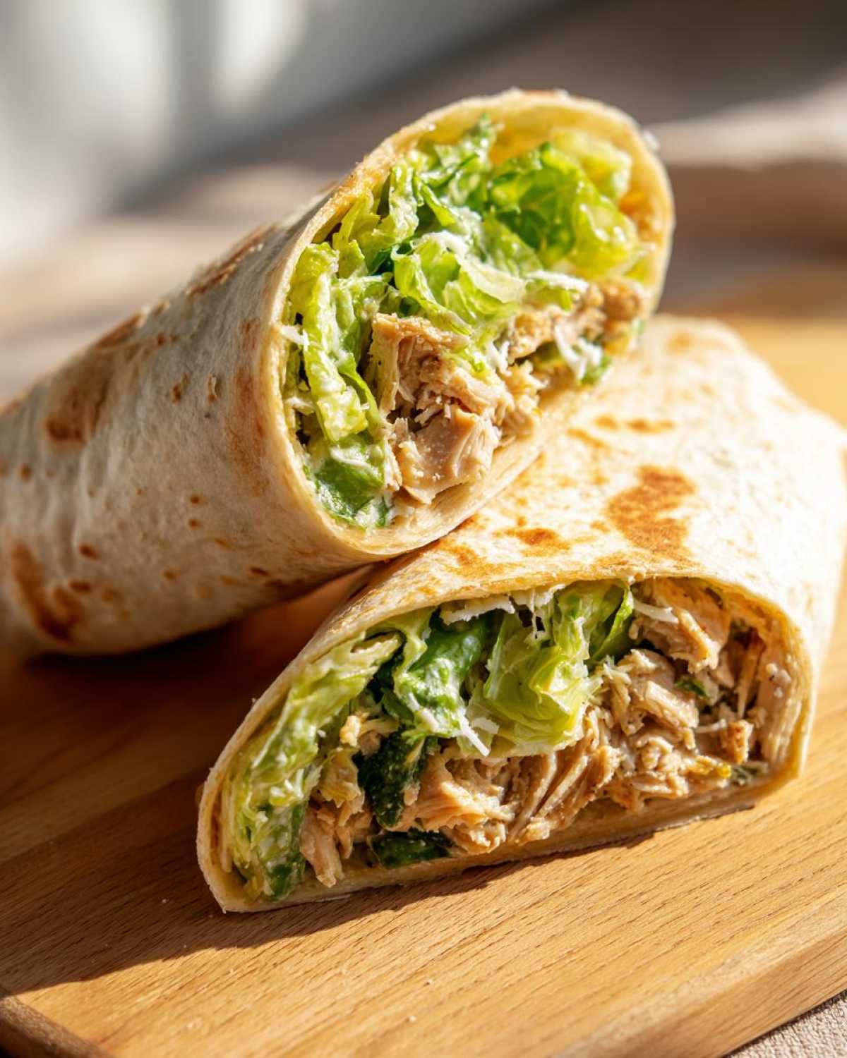 Two halves of a Quick Chicken Caesar Wrap filled with shredded chicken, romaine lettuce, and Caesar dressing on a wooden board.