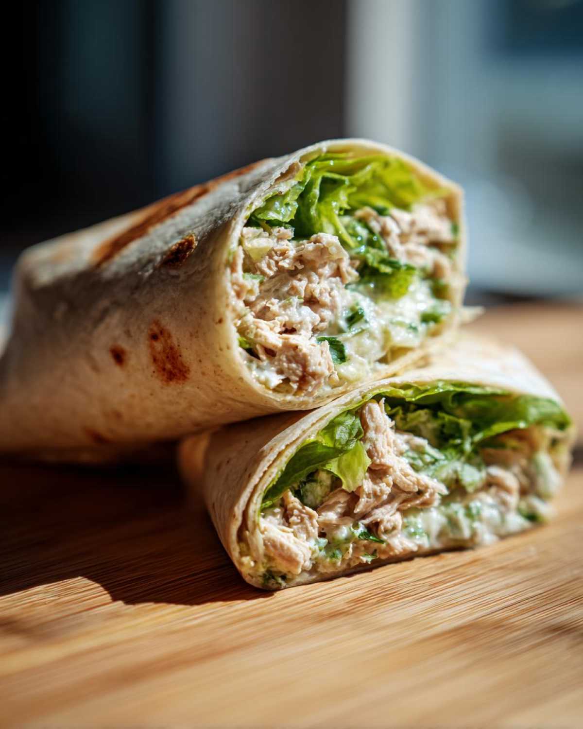 Two halves of a Quick Chicken Caesar Wraps showing shredded chicken, creamy dressing, and crisp lettuce inside a tortilla.