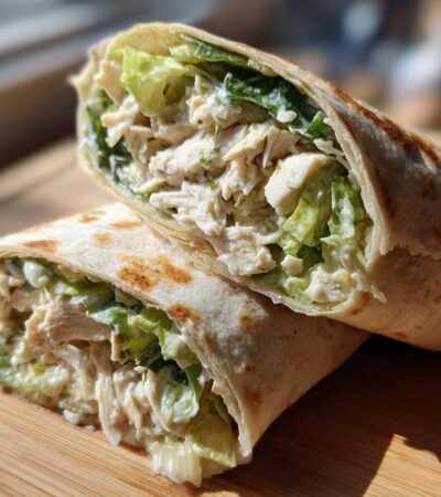 Two halves of a Quick Chicken Caesar Wrap filled with shredded chicken, romaine lettuce, and creamy Caesar dressing.