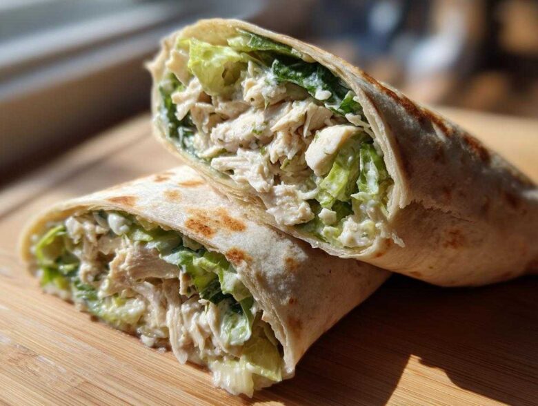 Two halves of a Quick Chicken Caesar Wrap filled with shredded chicken, romaine lettuce, and creamy Caesar dressing.