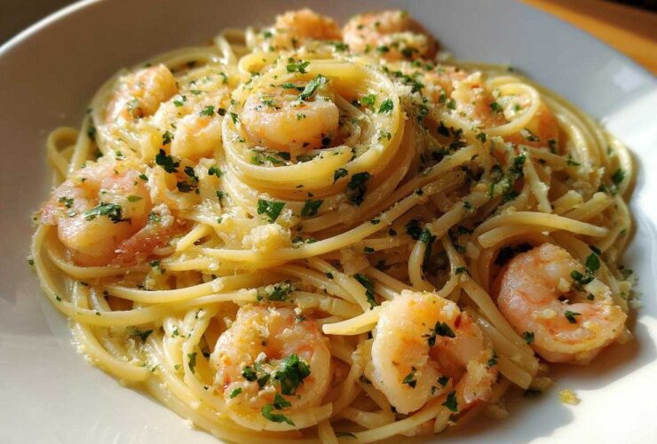 Close-up of Quick Garlic Butter Shrimp Scampi Pasta tossed with shrimp, garlic, and parsley in a white bowl.