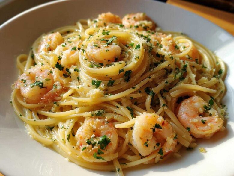 Close-up of Quick Garlic Butter Shrimp Scampi Pasta tossed with shrimp, garlic, and parsley in a white bowl.