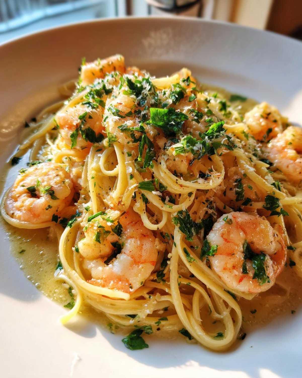 A close-up of Quick Garlic Butter Shrimp Scampi Pasta tossed in a rich sauce, topped with parsley and Parmesan.