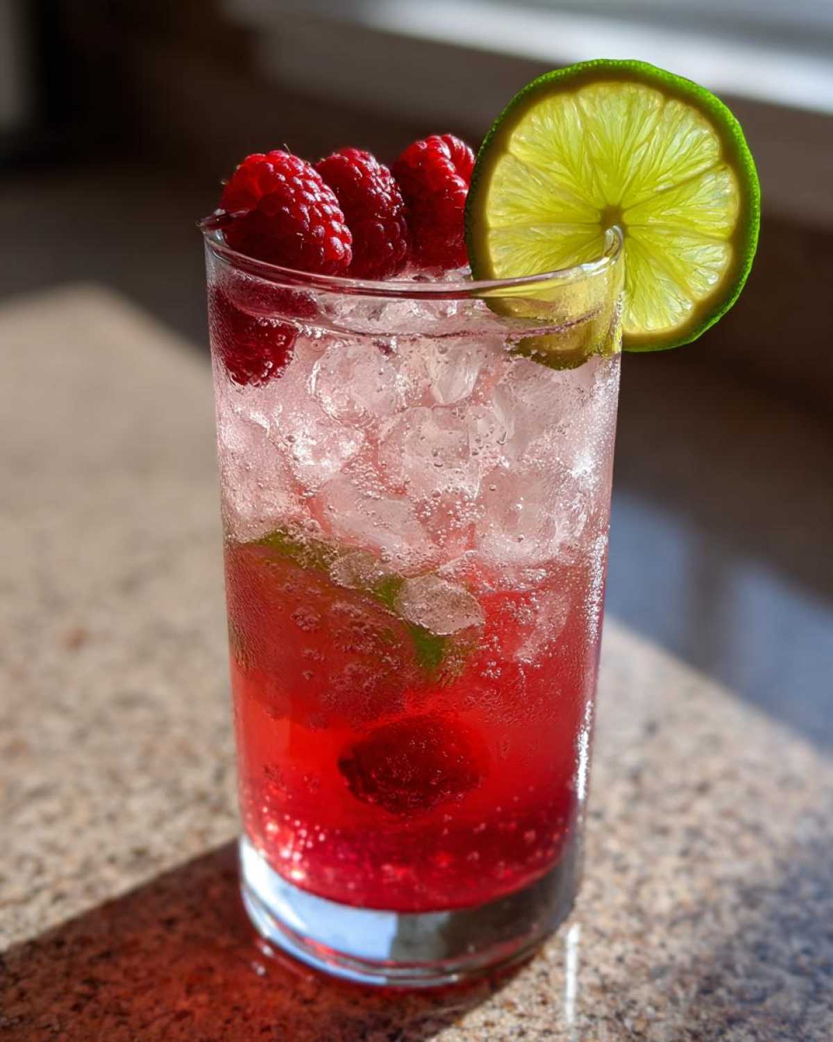 A tall glass filled with a vibrant red Raspberry Lime Rickey, ice, fresh raspberries, and a lime wheel garnish.