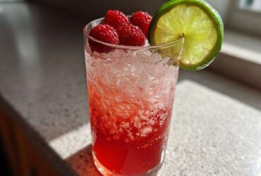 A tall glass filled with a vibrant red Raspberry Lime Rickey, crushed ice, fresh raspberries, and a lime wheel garnish.