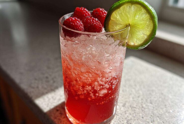 A tall glass filled with a vibrant red Raspberry Lime Rickey, crushed ice, fresh raspberries, and a lime wheel garnish.