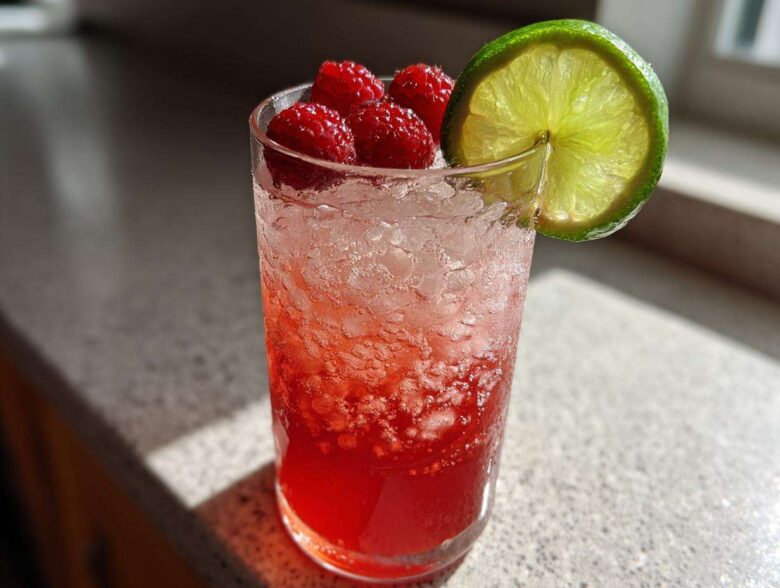 A tall glass filled with a vibrant red Raspberry Lime Rickey, crushed ice, fresh raspberries, and a lime wheel garnish.