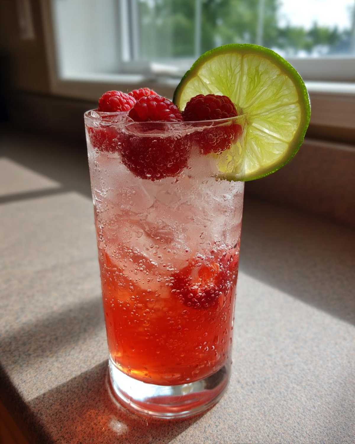 A tall glass filled with a bubbly Raspberry Lime Rickey, ice, fresh raspberries, and a lime wheel garnish.