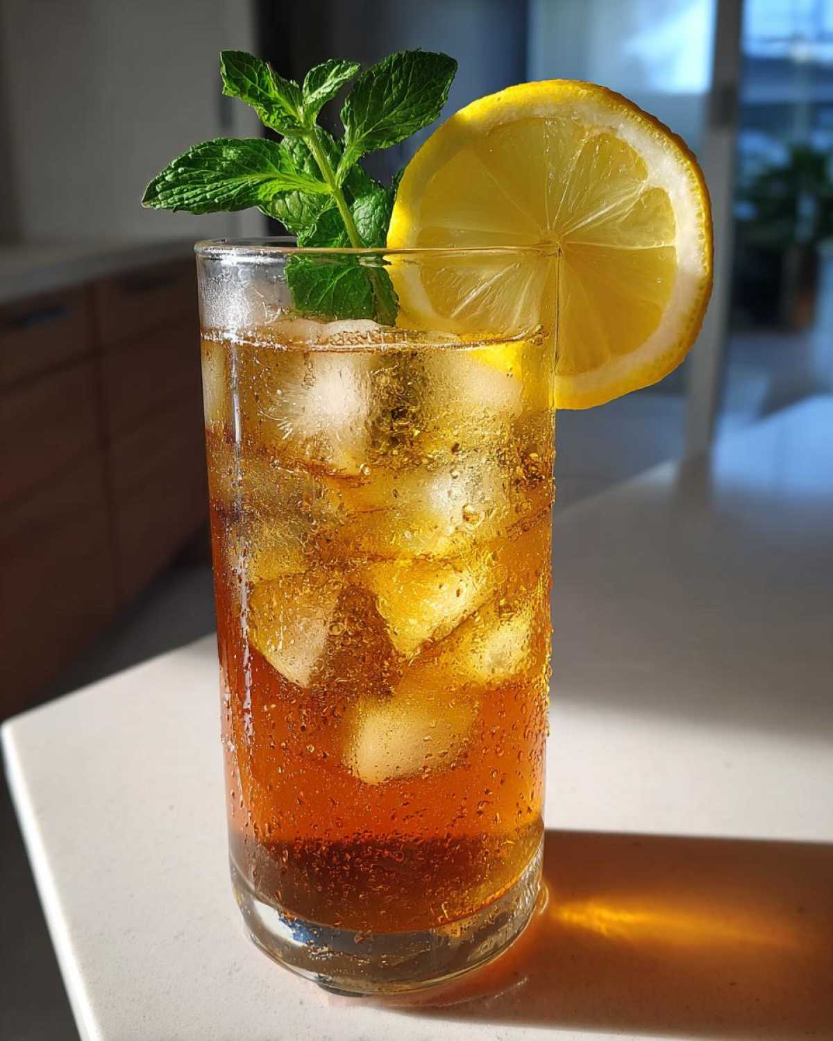 A tall glass filled with an iced Refreshing Arnold Palmer Drink, garnished with a lemon slice and fresh mint sprig.