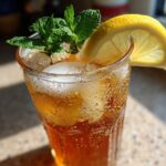 A tall, condensation-covered glass filled with a Refreshing Arnold Palmer Drink, ice, and garnished with mint and a lemon slice.