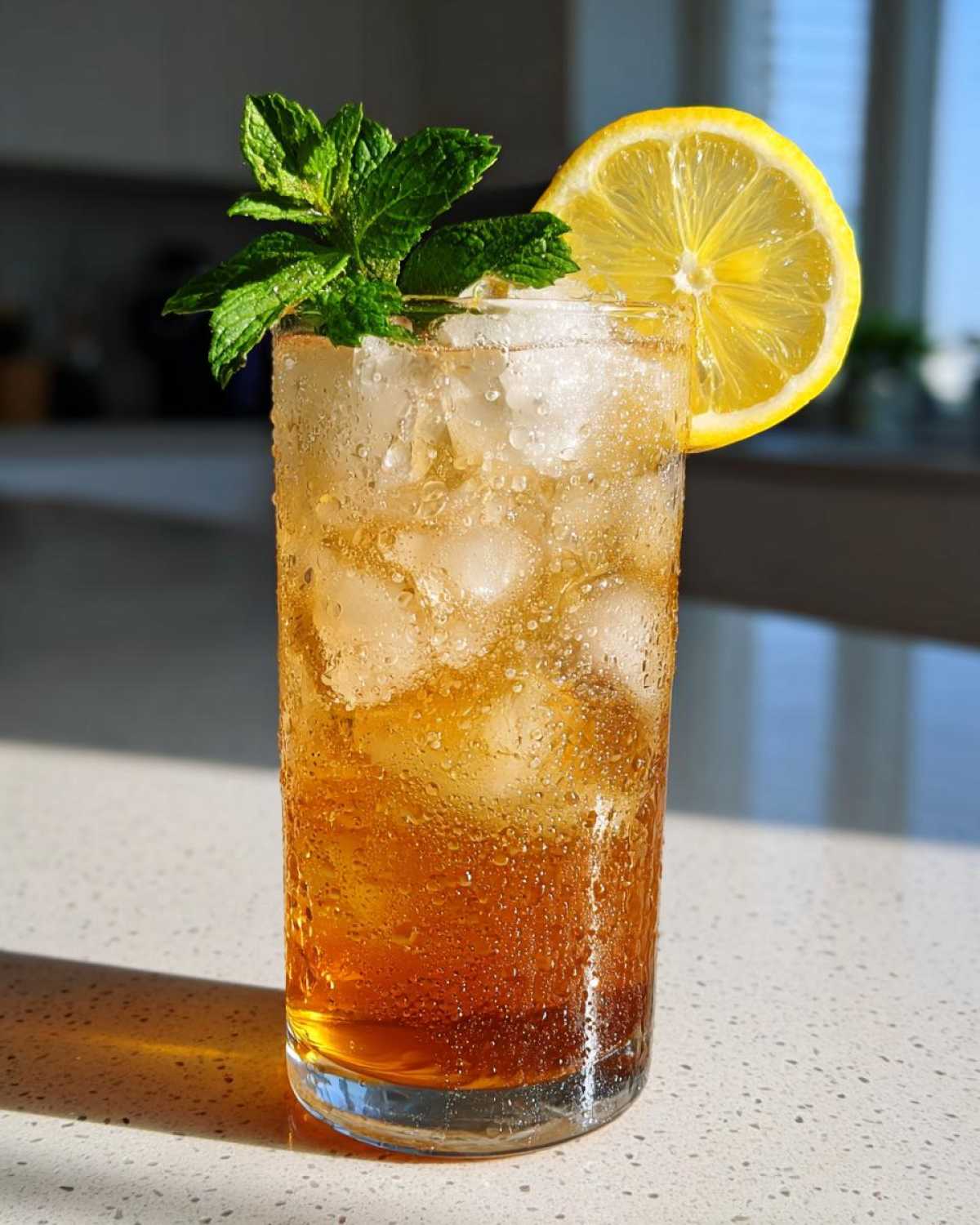 A tall, sweating glass filled with ice and a Refreshing Arnold Palmer Drink, garnished with a lemon wheel and fresh mint sprig.