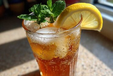 A tall, condensation-covered glass filled with a Refreshing Arnold Palmer Drink, ice, and garnished with mint and a lemon slice.