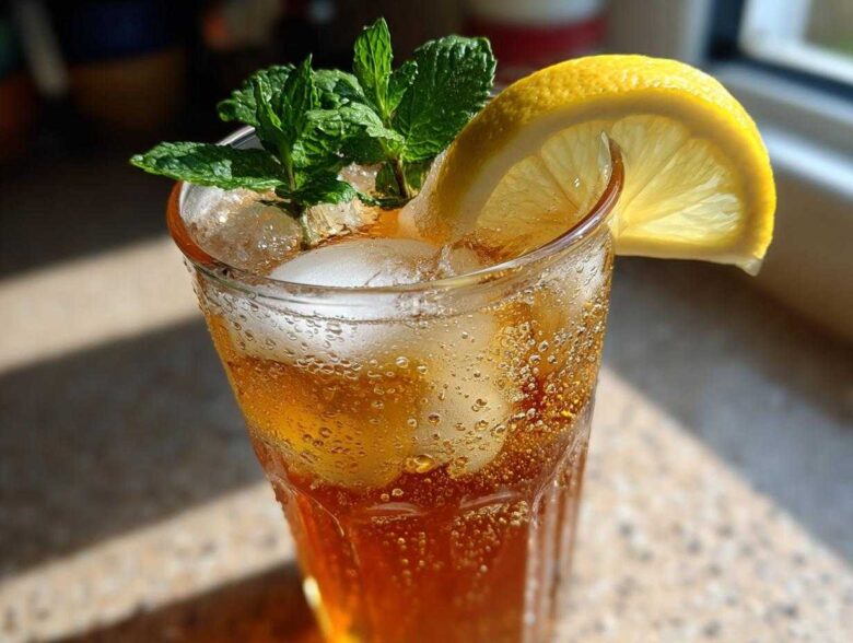 A tall, condensation-covered glass filled with a Refreshing Arnold Palmer Drink, ice, and garnished with mint and a lemon slice.