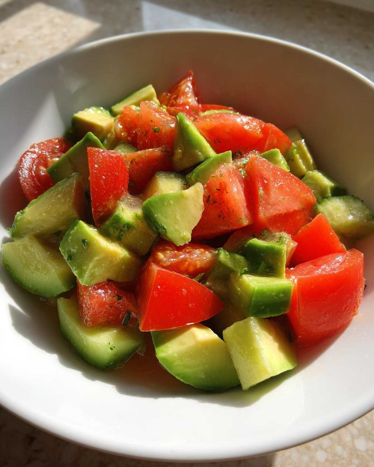 Close-up of chunky pieces of avocado and bright red tomatoes in a white bowl, part of the Refreshing Cucumber Tomato Avocado Salad.