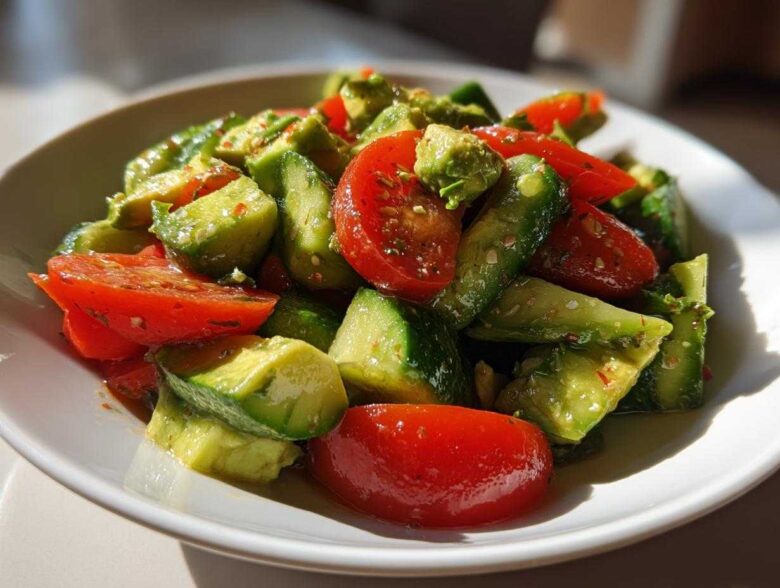 A close-up, sunlit bowl of Refreshing Cucumber Tomato Avocado Salad with vibrant red tomato wedges and green avocado chunks.