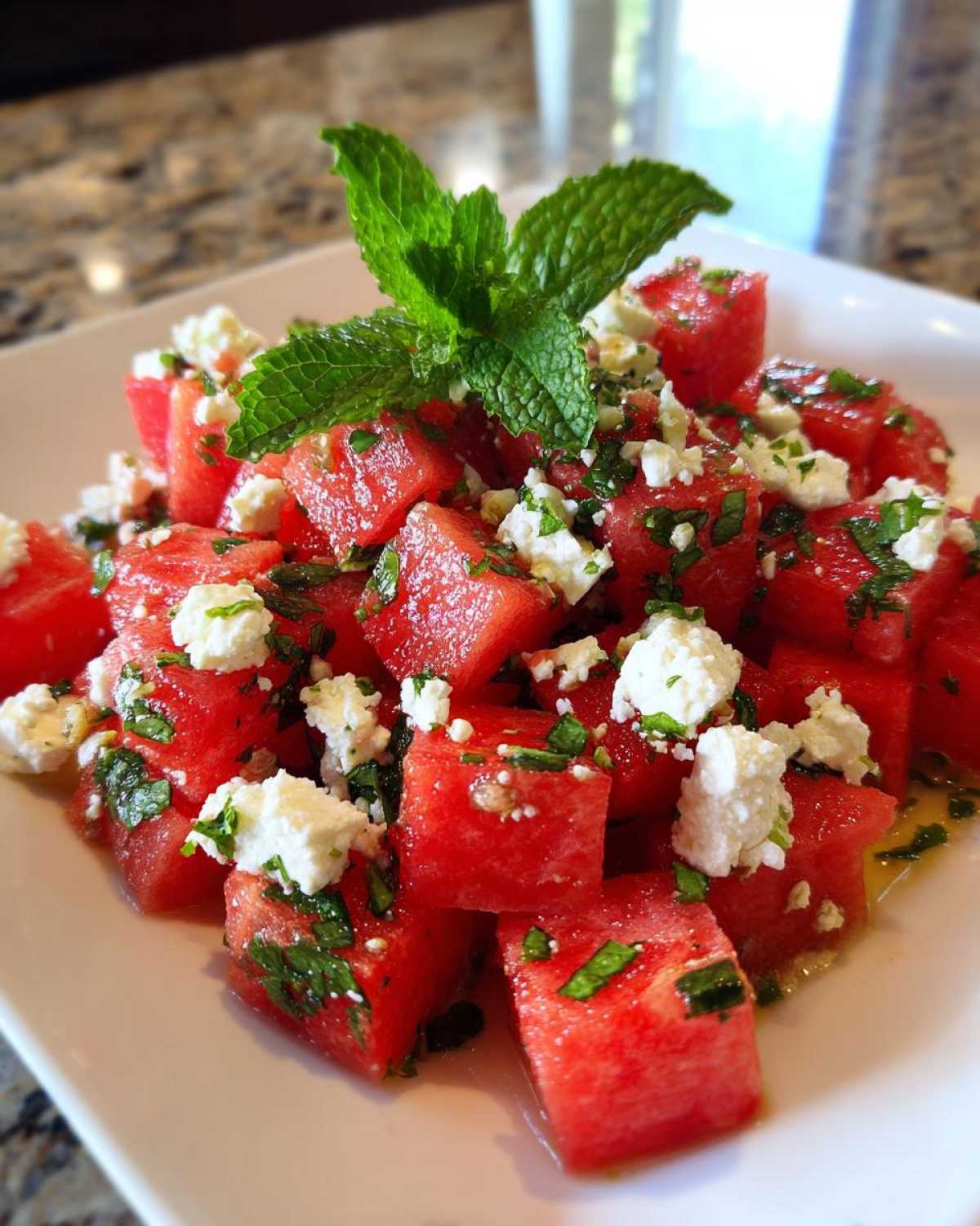 Close-up of a plate featuring cubes of bright red watermelon topped with crumbled feta cheese, chopped mint, and garnished with a sprig of fresh mint for a Refreshing Watermelon Feta Salad.