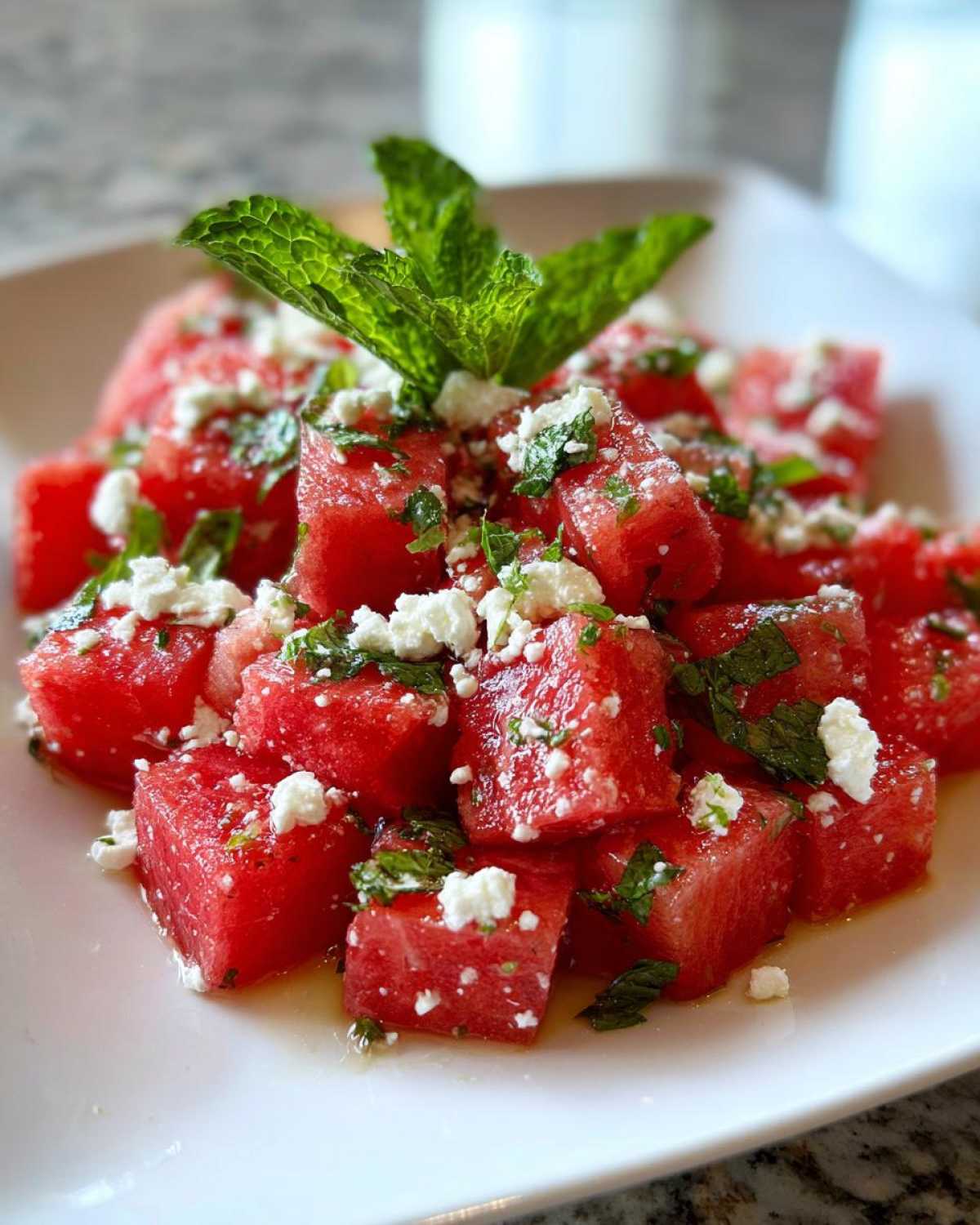 Close-up of cubes of Refreshing Watermelon Feta Salad with Fresh Mint, topped with feta and mint leaves.