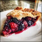 Close-up of a juicy slice of Rustic Summer Berry Galette showing mixed berries and a sugared, flaky crust.