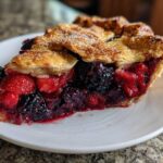 A close-up slice of Rustic Summer Berry Galette showing juicy mixed berries and a flaky, sugared crust.