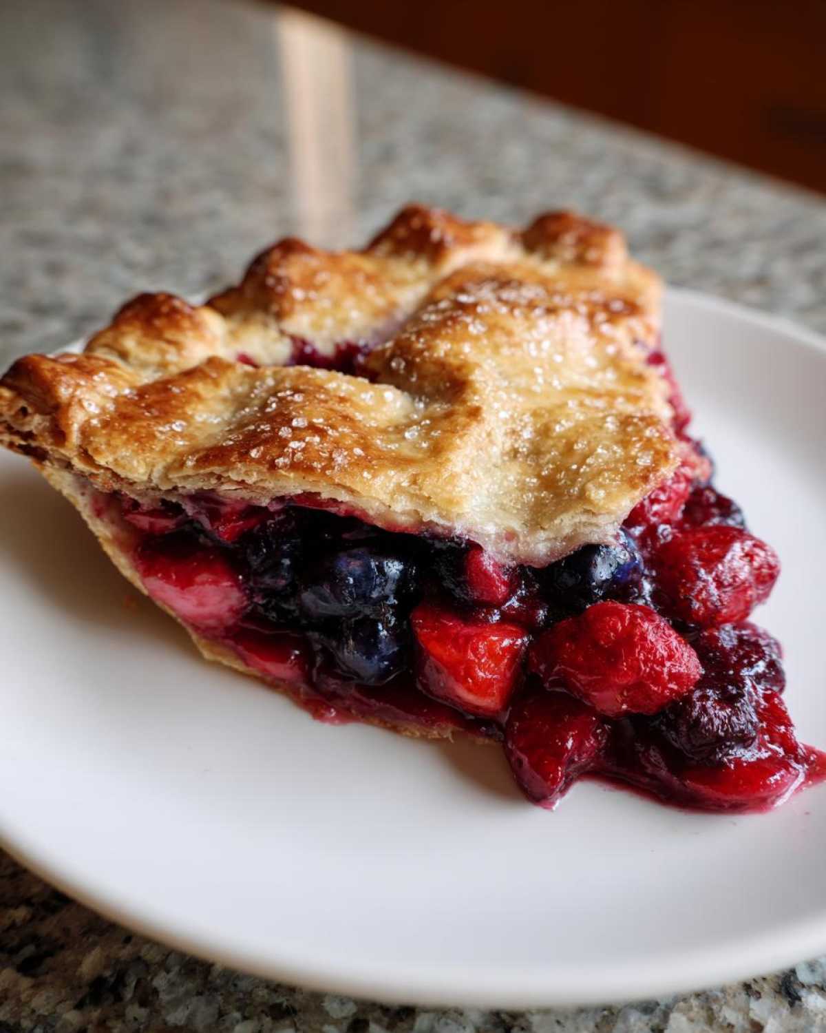 Close-up of a slice of Rustic Summer Berry Galette showing juicy mixed berries and a golden, sugared crust.