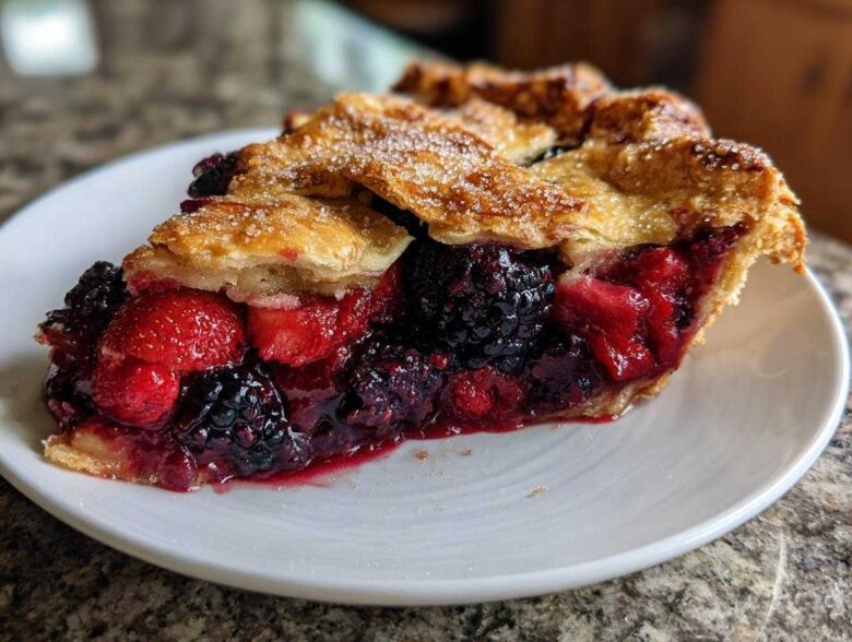 A close-up slice of Rustic Summer Berry Galette showing juicy mixed berries and a flaky, sugared crust.